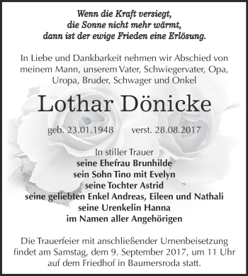 Traueranzeige von Lothar Dönicke von WVG - Wochenspiegel NMB / WSF / ZTZ