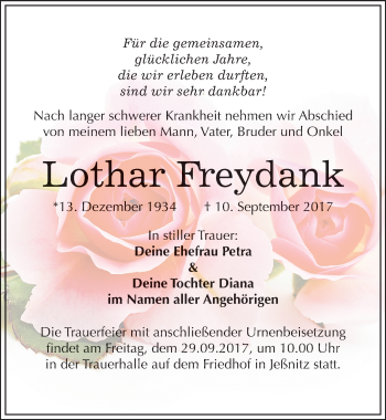 Traueranzeige von Lothar Freydank von Mitteldeutsche Zeitung Bitterfeld