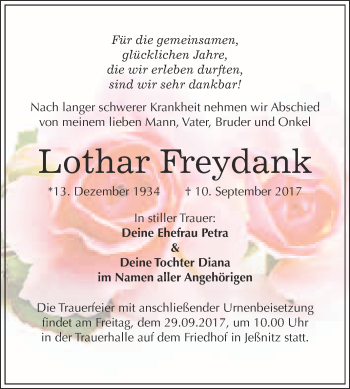Traueranzeige von Lothar Freydank von WVG - Wochenspiegel Bitterfeld