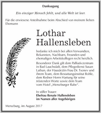 Traueranzeige von Lothar Hallensleben von WVG - Wochenspiegel Merseburg