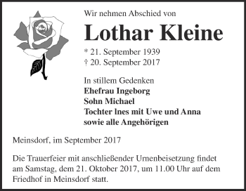 Traueranzeige von Lothar Kleine von WVG - Wochenspiegel Dessau / Köthen