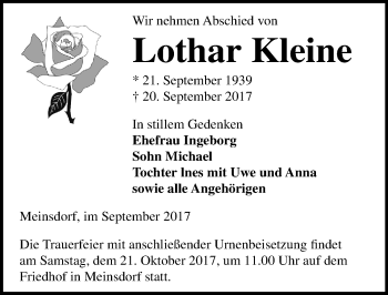 Traueranzeige von Lothar Kleine von Mitteldeutsche Zeitung Dessau-Roßlau