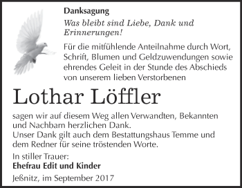 Traueranzeige von Lothar Löffler von WVG - Wochenspiegel Bitterfeld
