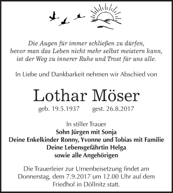 Traueranzeige von Lothar Möser von WVG - Wochenspiegel Merseburg