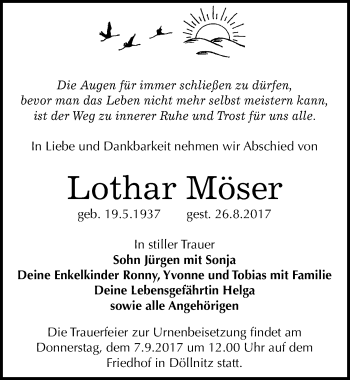 Traueranzeige von Lothar Möser von Mitteldeutsche Zeitung Merseburg/Querfurt