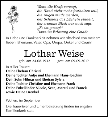 Traueranzeige von Lothar Weise von Mitteldeutsche Zeitung Bitterfeld