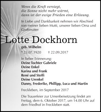 Traueranzeige von Lotte Dockhorn von Super Sonntag Aschersleben