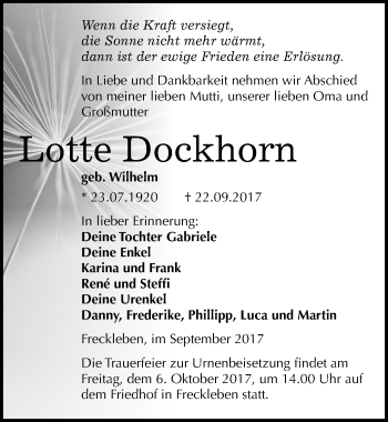 Traueranzeige von Lotte Dockhorn von Mitteldeutsche Zeitung Aschersleben