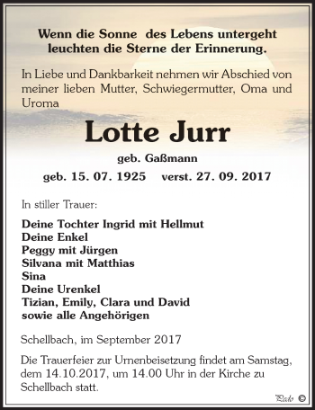 Traueranzeige von Lotte Jurr von Mitteldeutsche Zeitung Zeitz