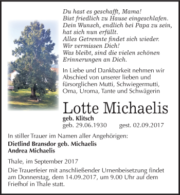 Traueranzeige von Lotte Michaelis von Mitteldeutsche Zeitung Quedlinburg
