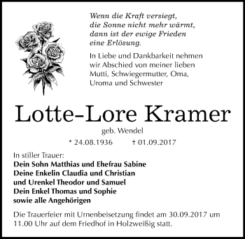 Traueranzeige von Lotte Lore Kramer von Mitteldeutsche Zeitung Bitterfeld