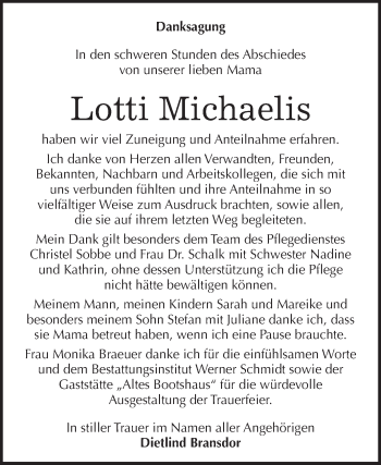 Traueranzeige von Lotti Michaelis von WVG - Wochenspiegel Quedlinburg
