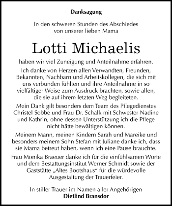 Traueranzeige von Lotti Michaelis von Mitteldeutsche Zeitung Quedlinburg