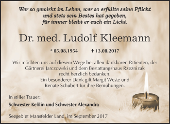 Traueranzeige von Ludolf Kleemann von Wochenspiegel Mansfelder Land
