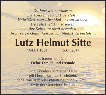 Traueranzeige von Lutz Helmut Sitte von Super Sonntag Wittenberg
