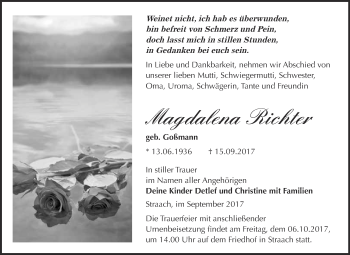 Traueranzeige von Magdalena Richter von WVG - Wochenspiegel Wittenberg