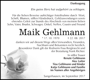 Traueranzeige von Maik Gehlmann von Super Sonntag SGH Mansf. Land