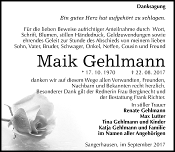 Traueranzeige von Maik Gehlmann von Mitteldeutsche Zeitung Sangerhausen