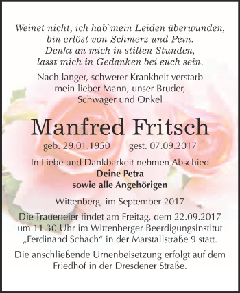 Traueranzeige von Manfred Fritsch von WVG - Wochenspiegel Wittenberg