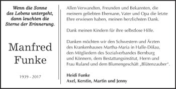 Traueranzeige von Manfred Funke von Super Sonntag Bernburg