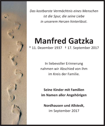 Traueranzeige von Manfred Gatzka von Mitteldeutsche Zeitung Sangerhausen