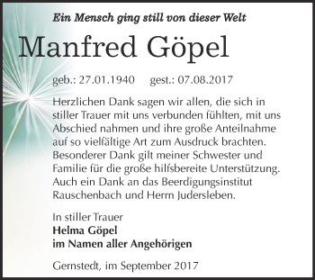 Traueranzeige von Manfred Göpel von WVG - Wochenspiegel NMB / WSF / ZTZ