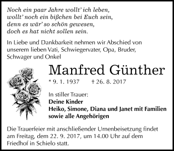 Traueranzeige von Manfred Günther von Mitteldeutsche Zeitung Quedlinburg