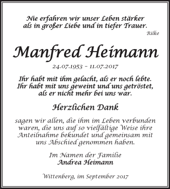 Traueranzeige von Manfred Heimann von WVG - Wochenspiegel Wittenberg