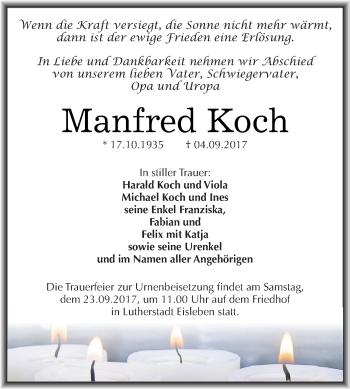 Traueranzeige von Manfred Koch von Wochenspiegel Mansfelder Land