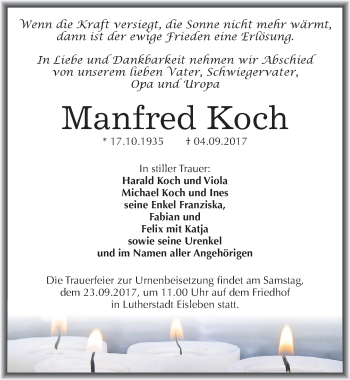 Traueranzeige von Manfred Koch von Mitteldeutsche Zeitung Mansfelder Land