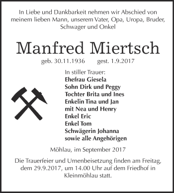 Traueranzeige von Manfred Miertsch von WVG - Wochenspiegel Wittenberg