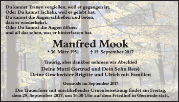 Traueranzeige von Manfred Mook von Mitteldeutsche Zeitung Quedlinburg