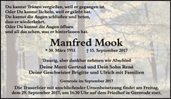 Traueranzeige von Manfred Mook von WVG - Wochenspiegel Quedlinburg