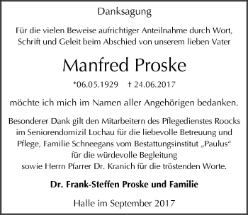 Traueranzeige von Manfred Proske von Mitteldeutsche Zeitung