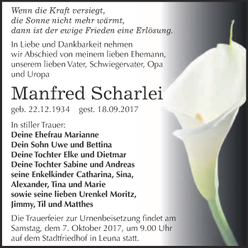 Traueranzeige von Manfred Scharlei von WVG - Wochenspiegel Merseburg
