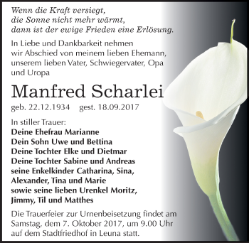 Traueranzeige von Manfred Scharlei von Mitteldeutsche Zeitung Merseburg/Querfurt