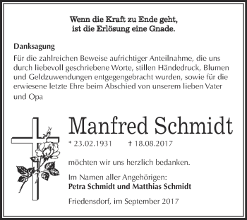 Traueranzeige von Manfred Schmidt von Super Sonntag Merseburg