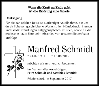 Traueranzeige von Manfred Schmidt von Mitteldeutsche Zeitung Merseburg/Querfurt