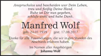 Traueranzeige von Manfred Wolf von WVG - Wochenspiegel Merseburg