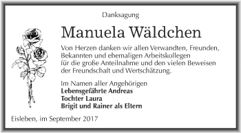 Traueranzeige von Manuela Wäldchen von Wochenspiegel Mansfelder Land