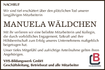 Traueranzeige von Manuela Wäldchen von Super Sonntag Aschersleben