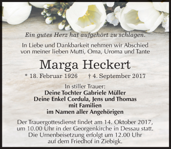 Traueranzeige von Marga Heckert von Mitteldeutsche Zeitung Dessau-Roßlau