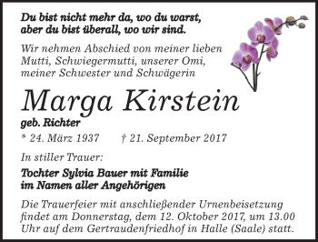 Traueranzeige von Marga Kirstein von Mitteldeutsche Zeitung Halle/Saalkreis