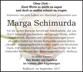 Traueranzeige von Marga Schimurda von Mitteldeutsche Zeitung Merseburg/Querfurt