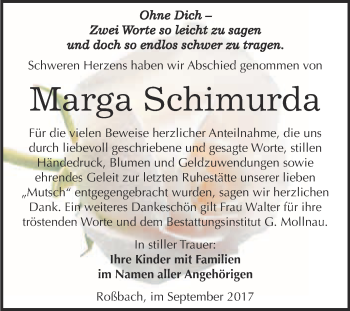 Traueranzeige von Marga Schimurda von WVG - Wochenspiegel Merseburg