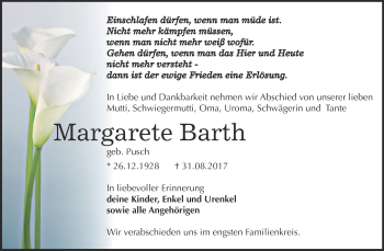 Traueranzeige von Margarete Barth von Super Sonntag Zeitz