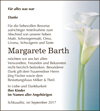 Traueranzeige von Margarete Barth von Super Sonntag Zeitz