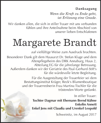 Traueranzeige von Margarete Brandt von WVG - Wochenspiegel Wittenberg