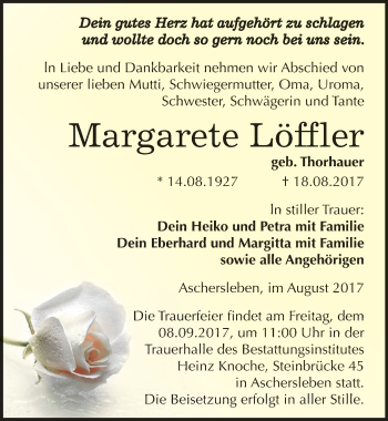 Traueranzeige von Margarete Löffler von Mitteldeutsche Zeitung Aschersleben