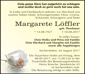 Traueranzeige von Margarete Löffler von Mitteldeutsche Zeitung Aschersleben